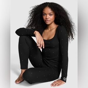 VICTORIA'S SECRET PINK M BLING PAJAMAS SET BLACK RHINESTONES RIBBED